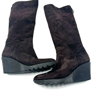 JONES BOOTMAKER | Women's 8 Dark Brown Knee High Zip‎ up Wedge Heel Suede Boots